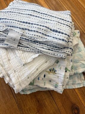 Swaddle Blankets in White with blue or gray accents